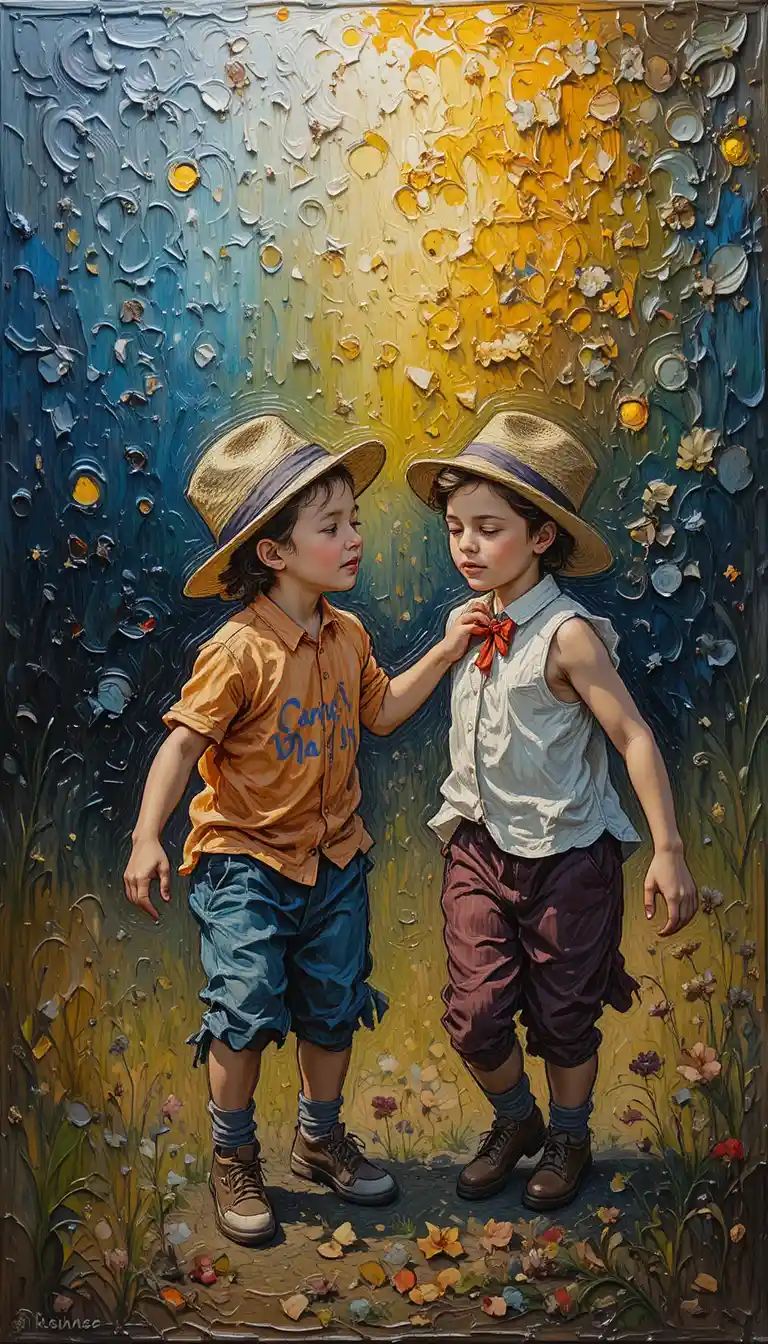 Impressionist oil painting of children playing together