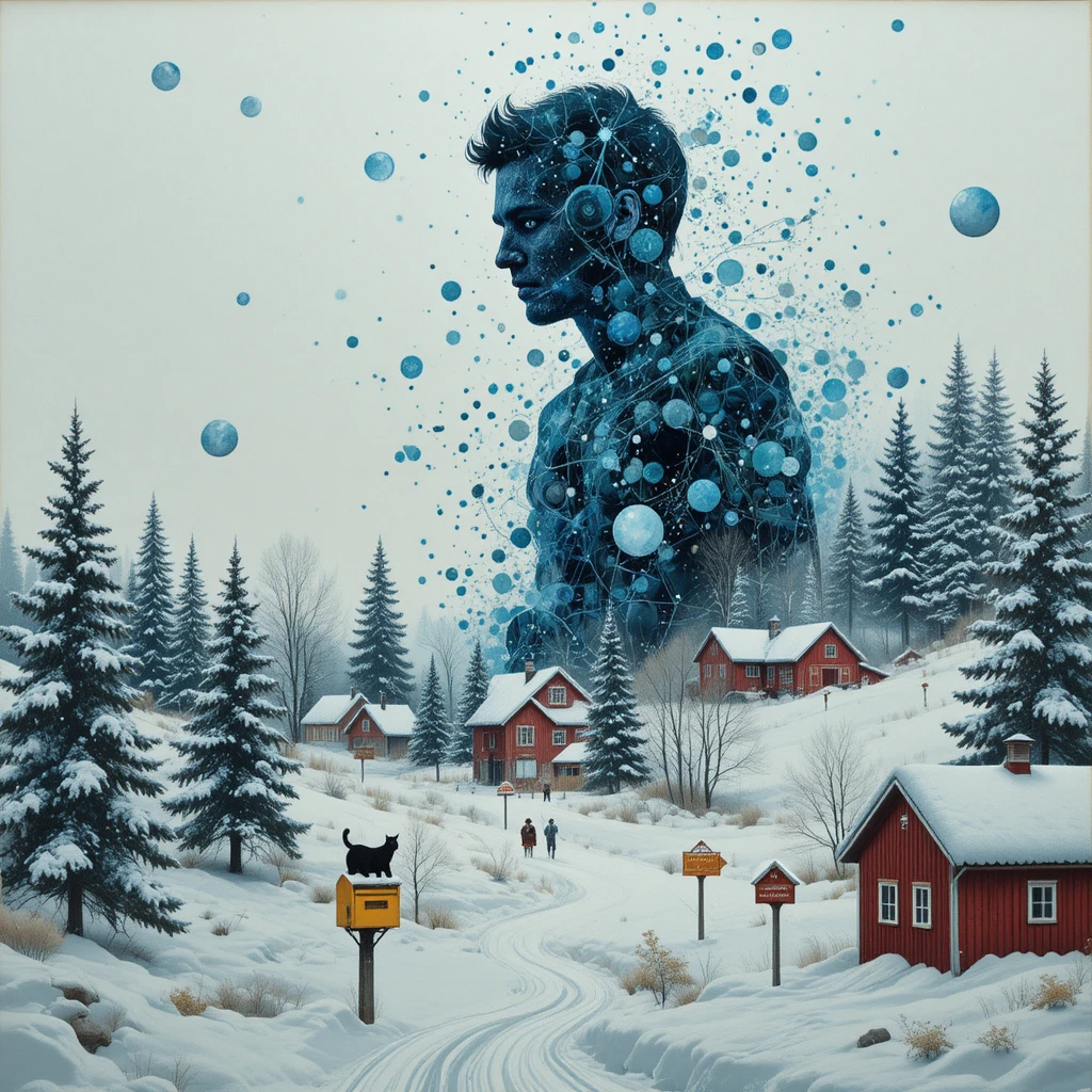 Paisaje invernal sueco surreal con figura joven que se disuelve