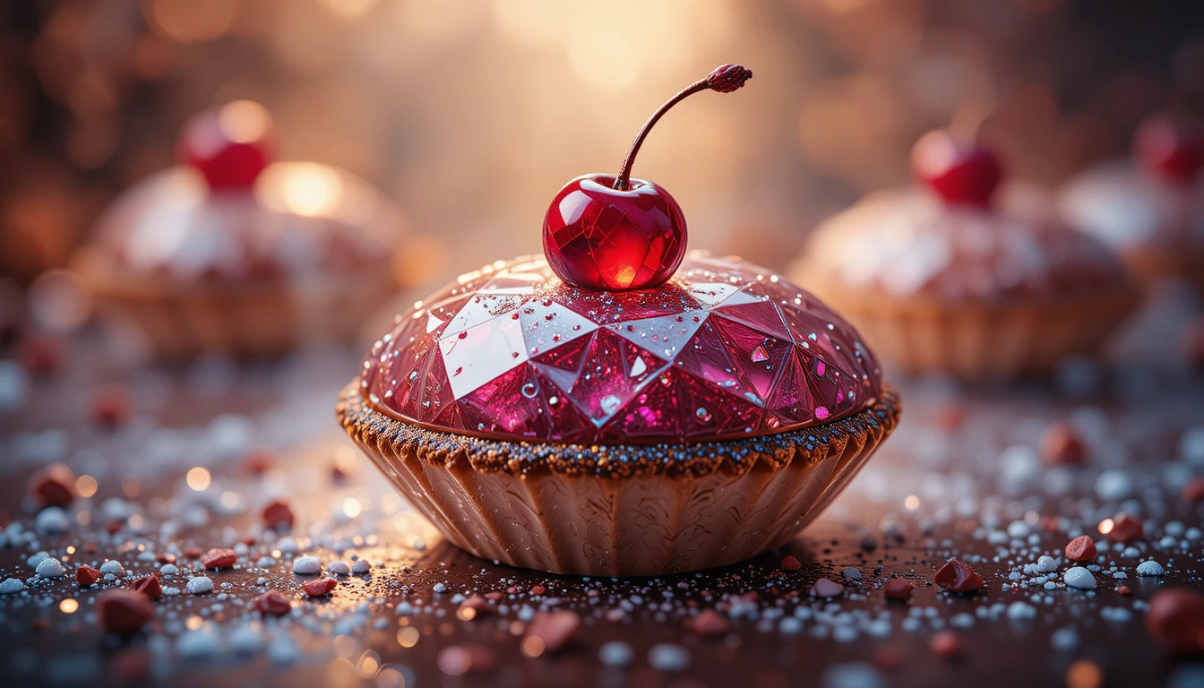 Postre joya en primer plano con cereza rojo rubí en destaque