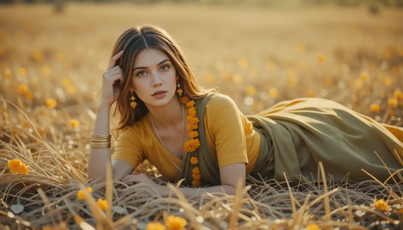 South Indian woman resting on dry grass at sunset