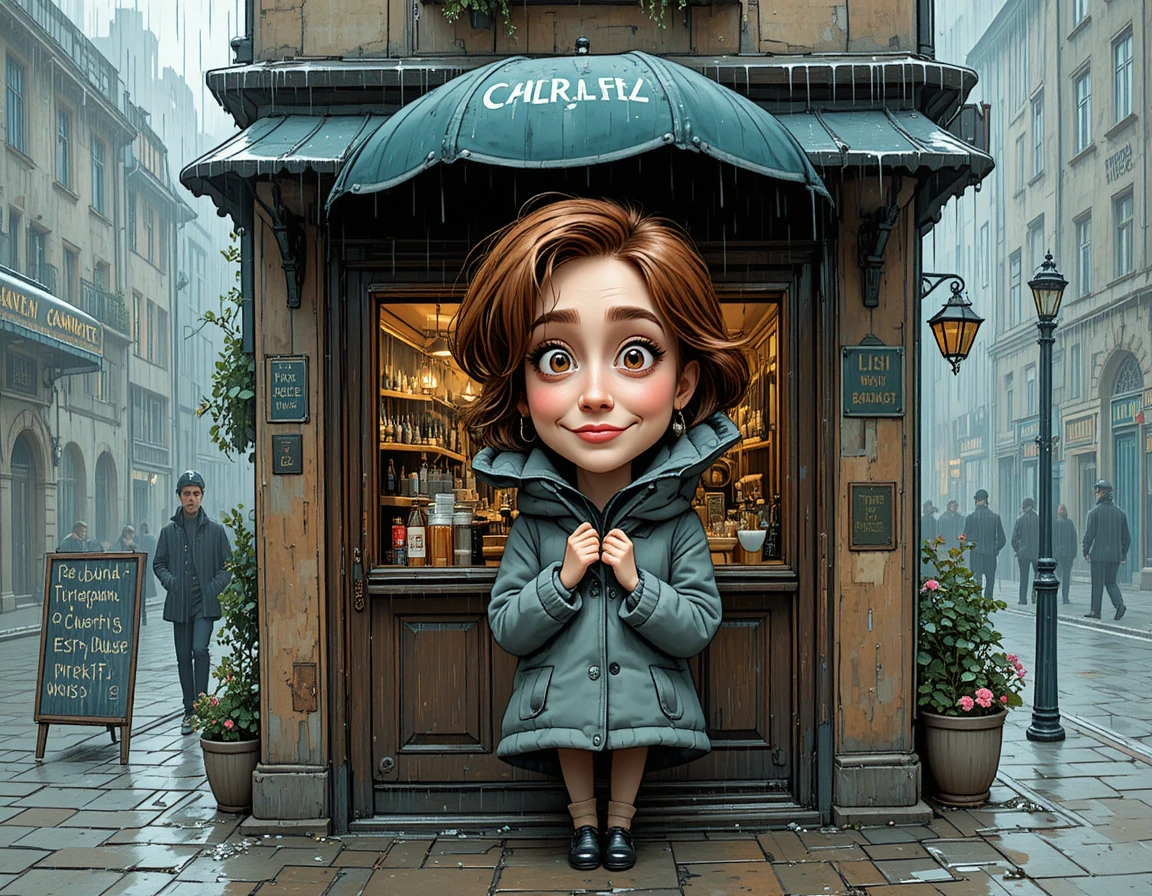 Woman sheltering under a café awning on a rainy street