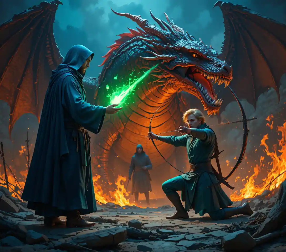 Mage and archer facing a towering fire breathing dragon