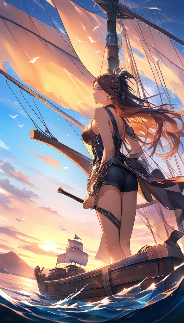 Anime pirate woman on ship bow with treasure map