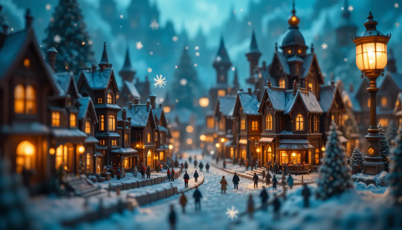 Ciudad Invernal en Miniatura Bajo el Cálido Brillo de una Lámpara Antigua
