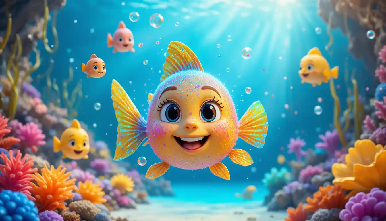 Joyful 3D rainbow fish swimming in a colorful reef