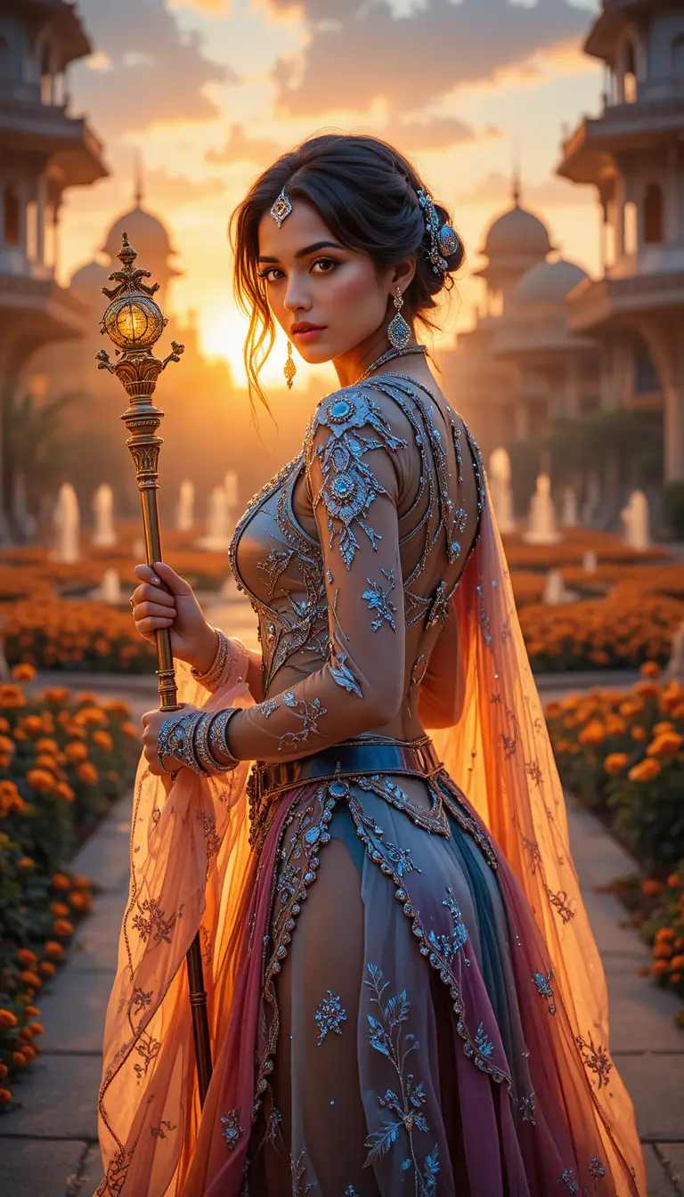 Elegant Indian woman with scepter in palace garden at sunset