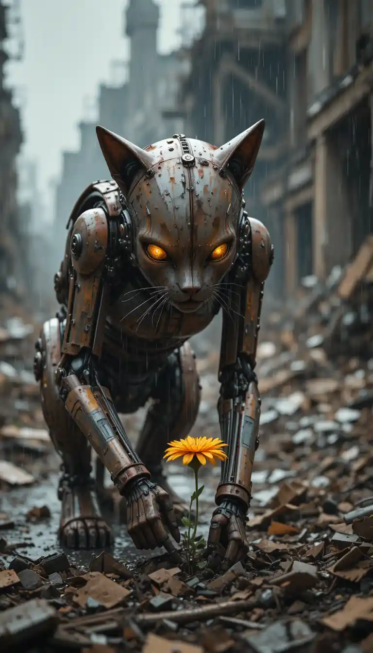 Post apocalyptic cat robot observing a lone yellow flower
