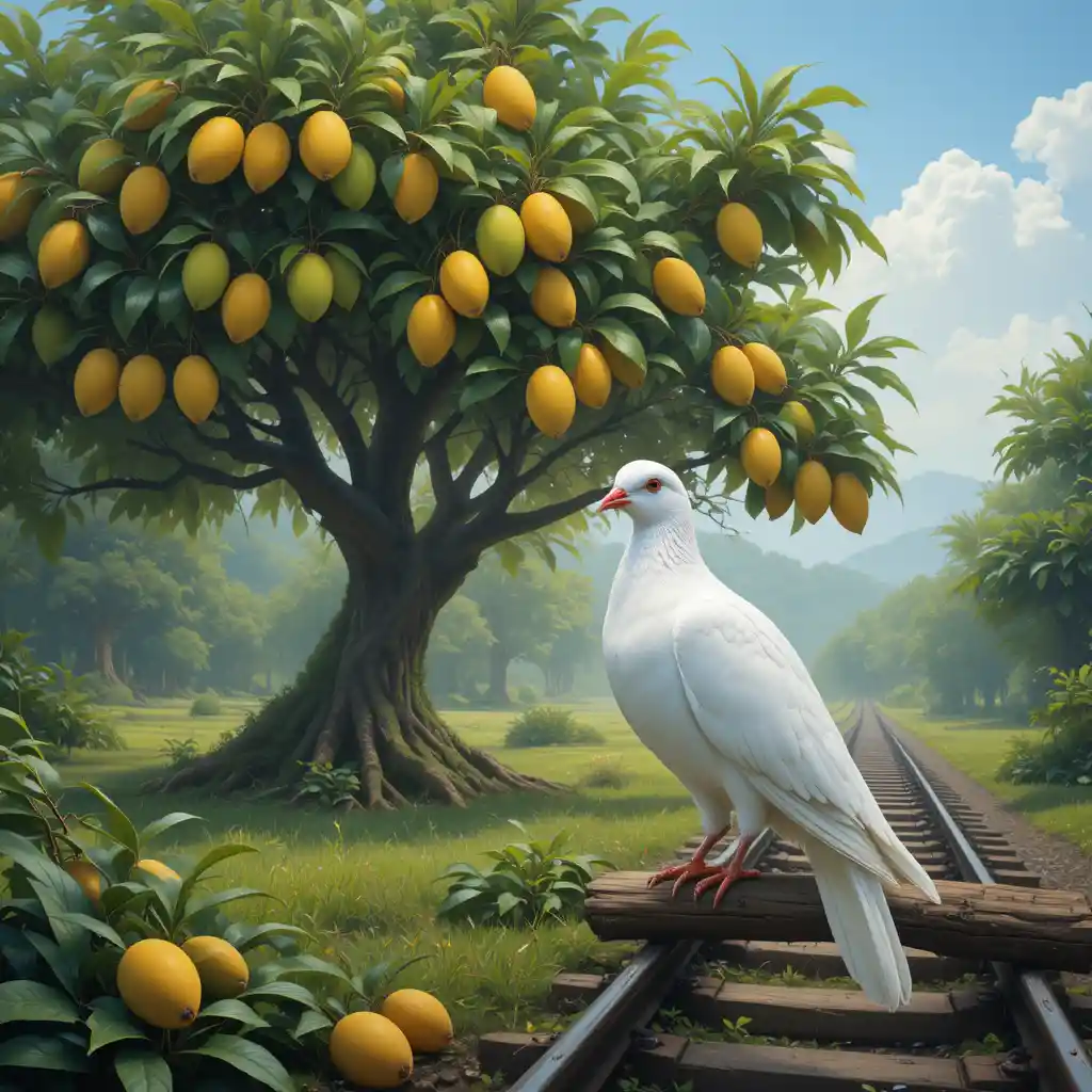 White dove by railway track beside lush mango tree