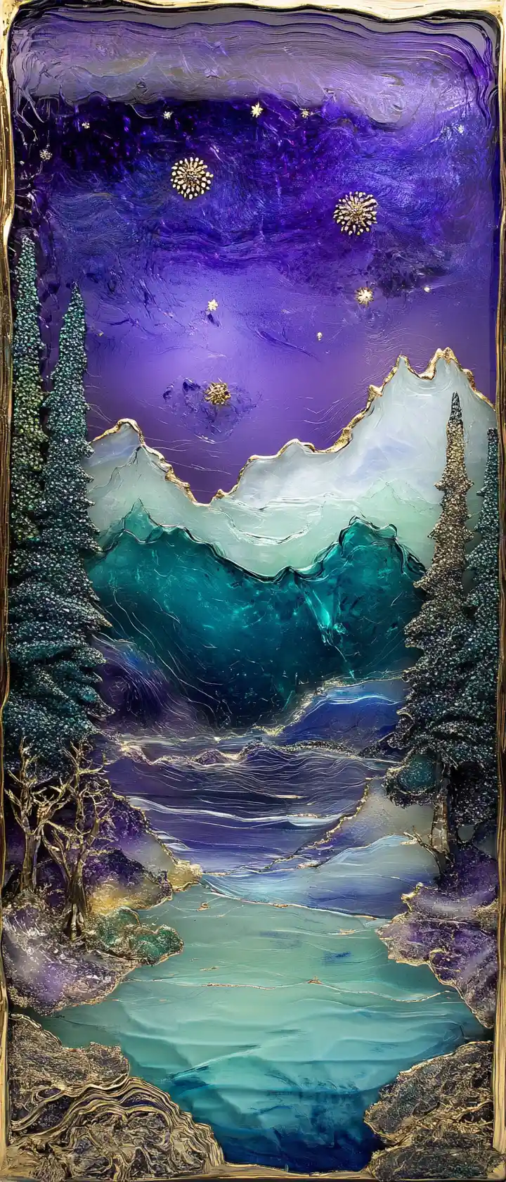 Surreal glass mountains with molten rivers and crystal trees
