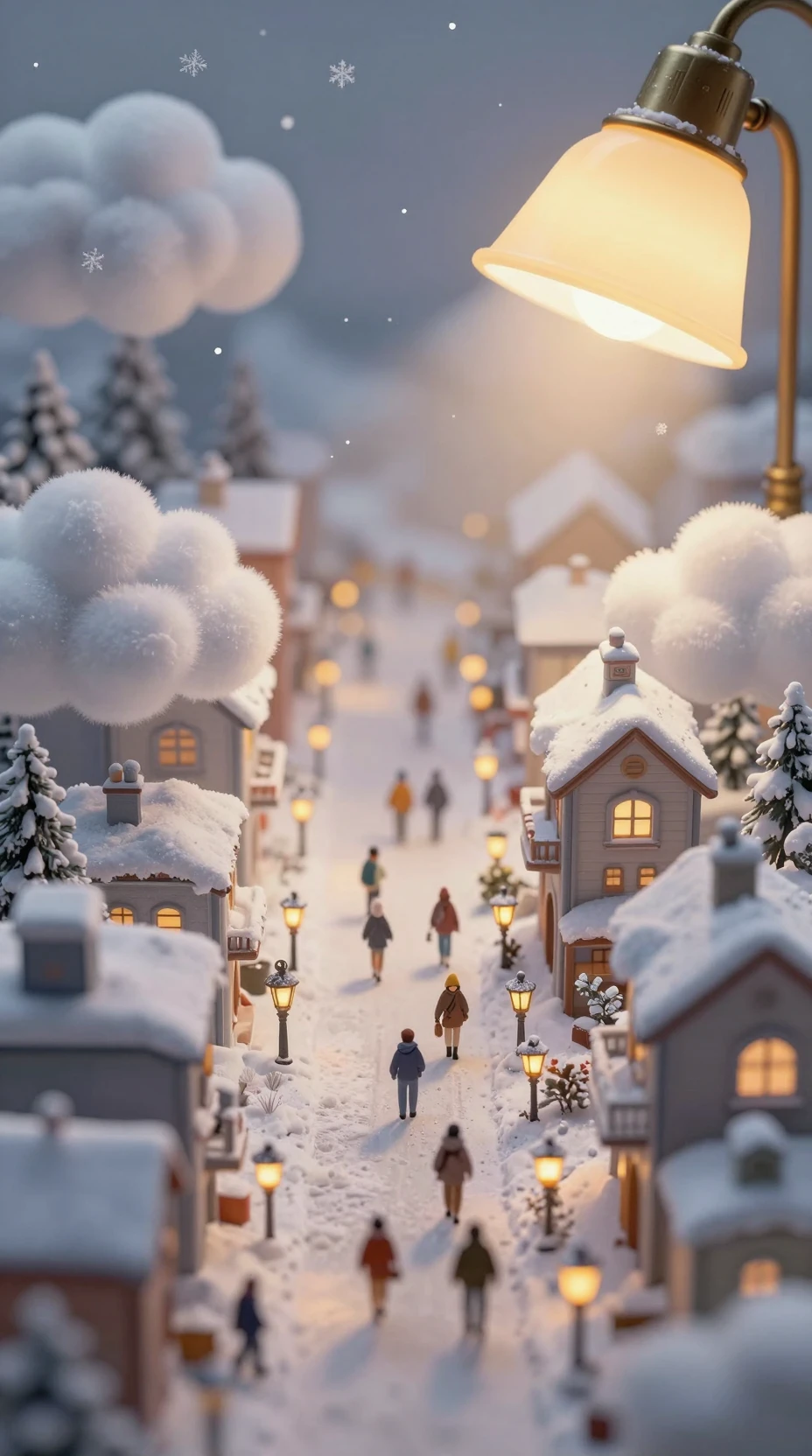 Miniature Winter City Under Soft Golden Desk Lamp Glow