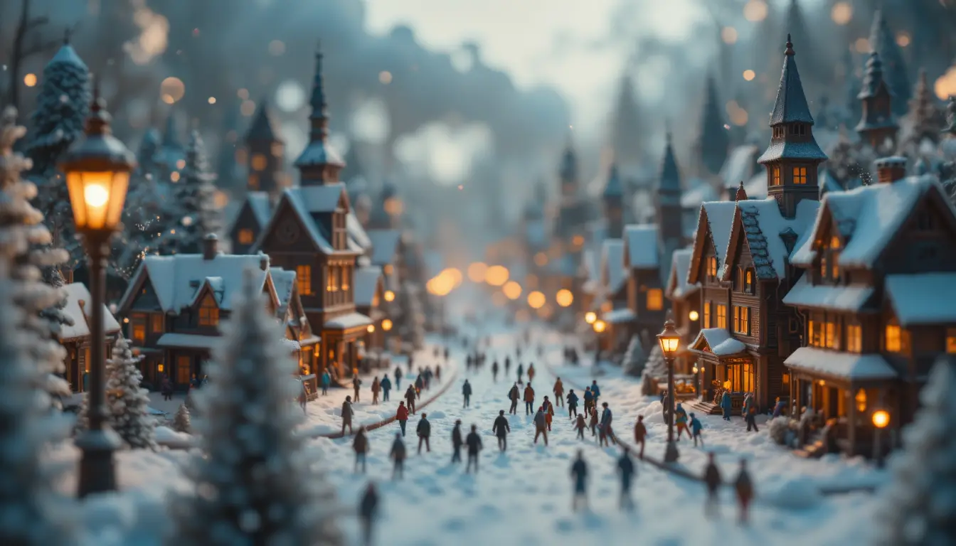Ciudad Invernal en Miniatura bajo el Cálido Resplandor de una Lámpara Antigua