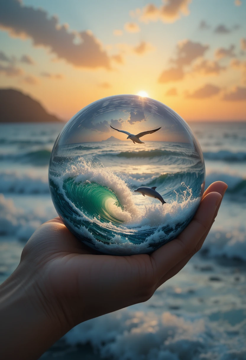 Miniatura de paisagem marinha com golfinho e pôr do sol na mão