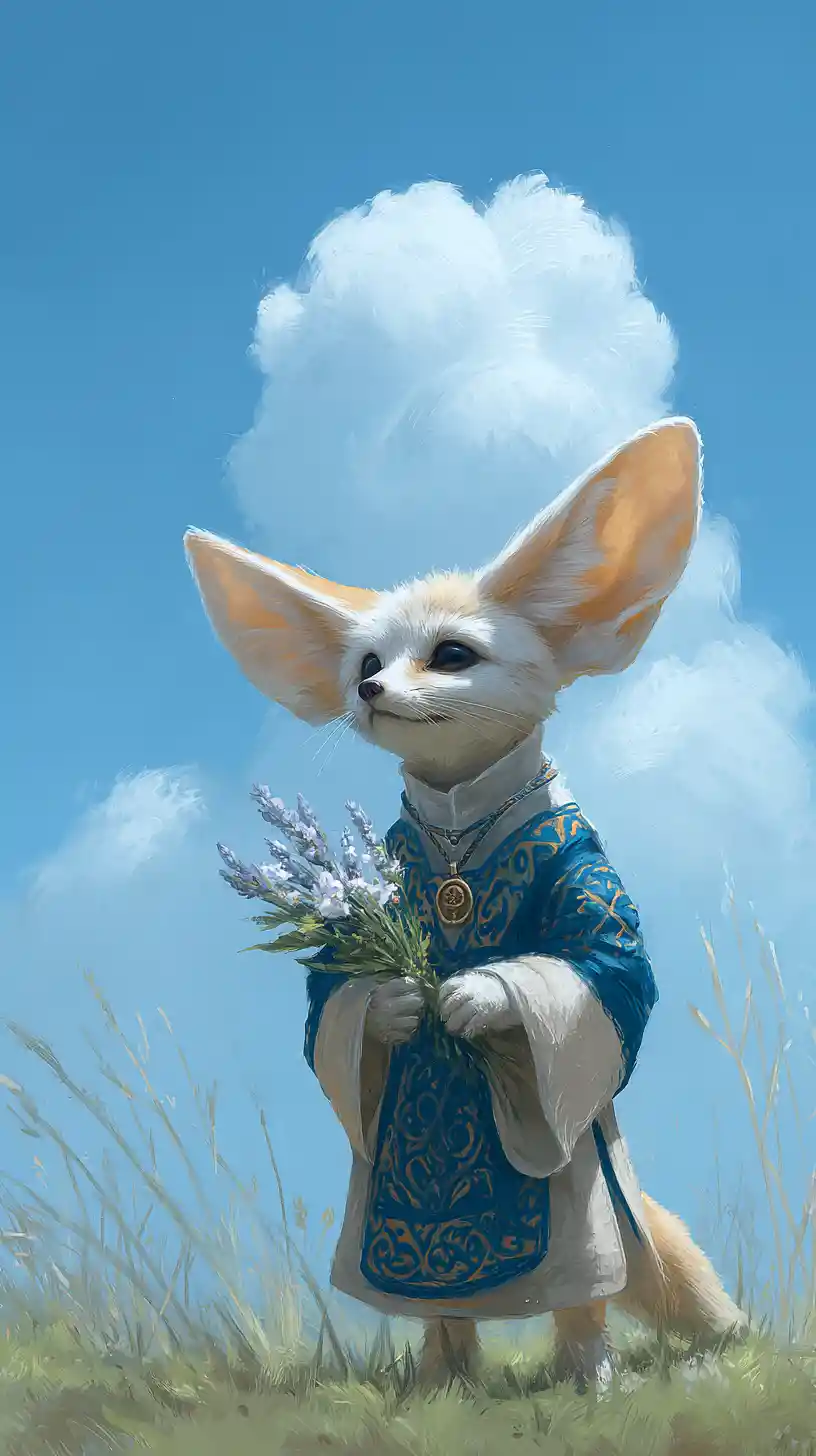 Fennec anthropomorphe dans un pré ensoleillé fleuri