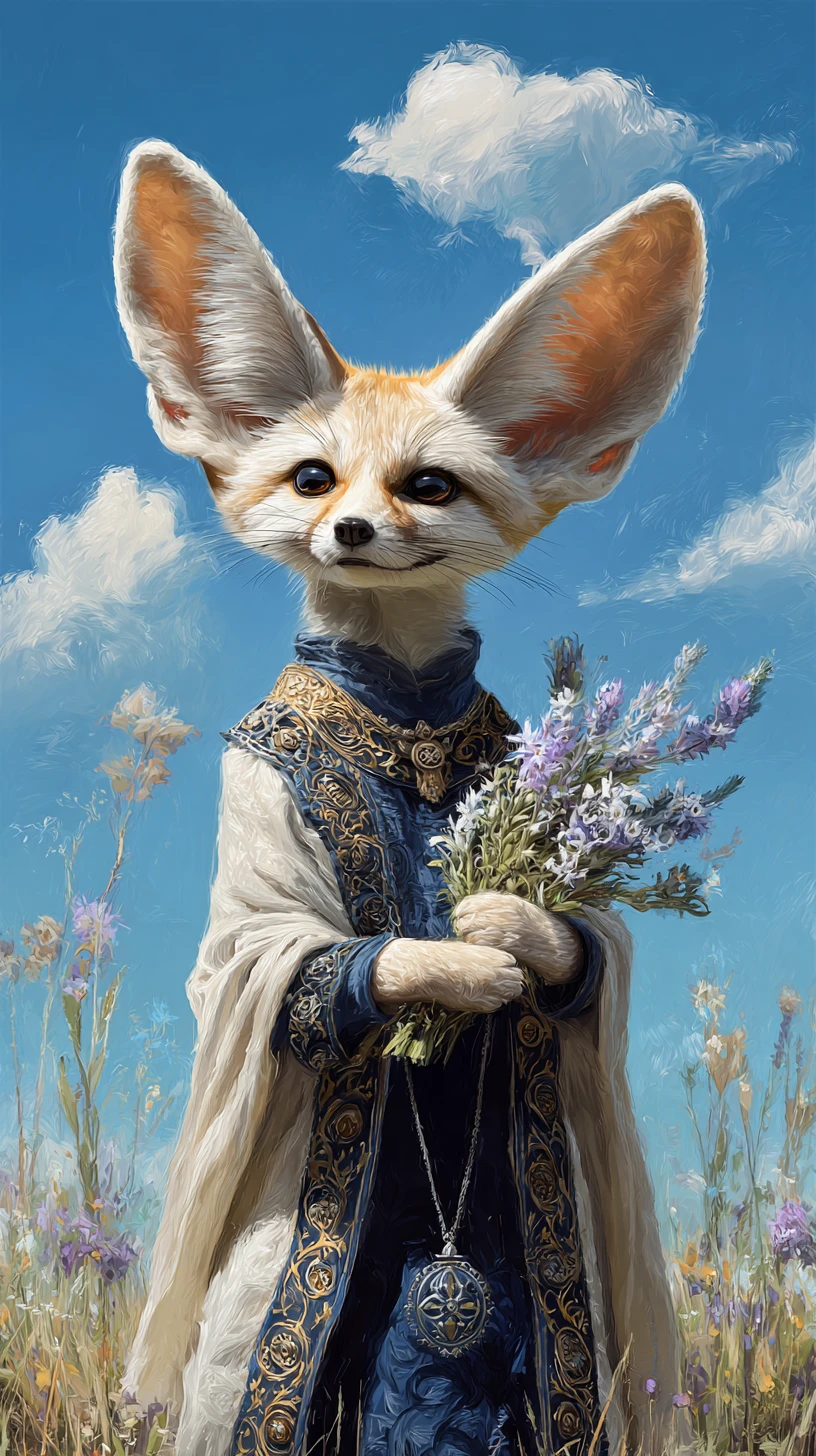 Zorro fénec con traje tradicional sosteniendo flores silvestres