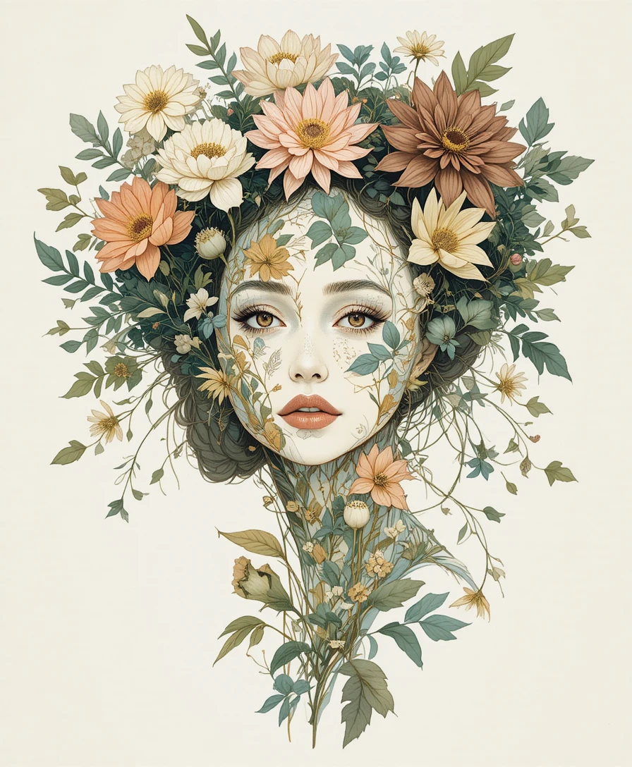 Beautiful woman framed by intricate botanical illustration art