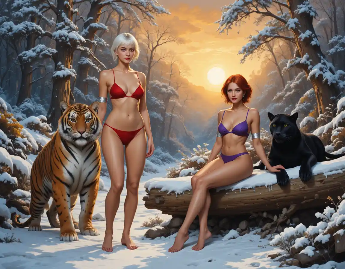 Guerreiras fantásticas com grandes felinos em floresta nevada