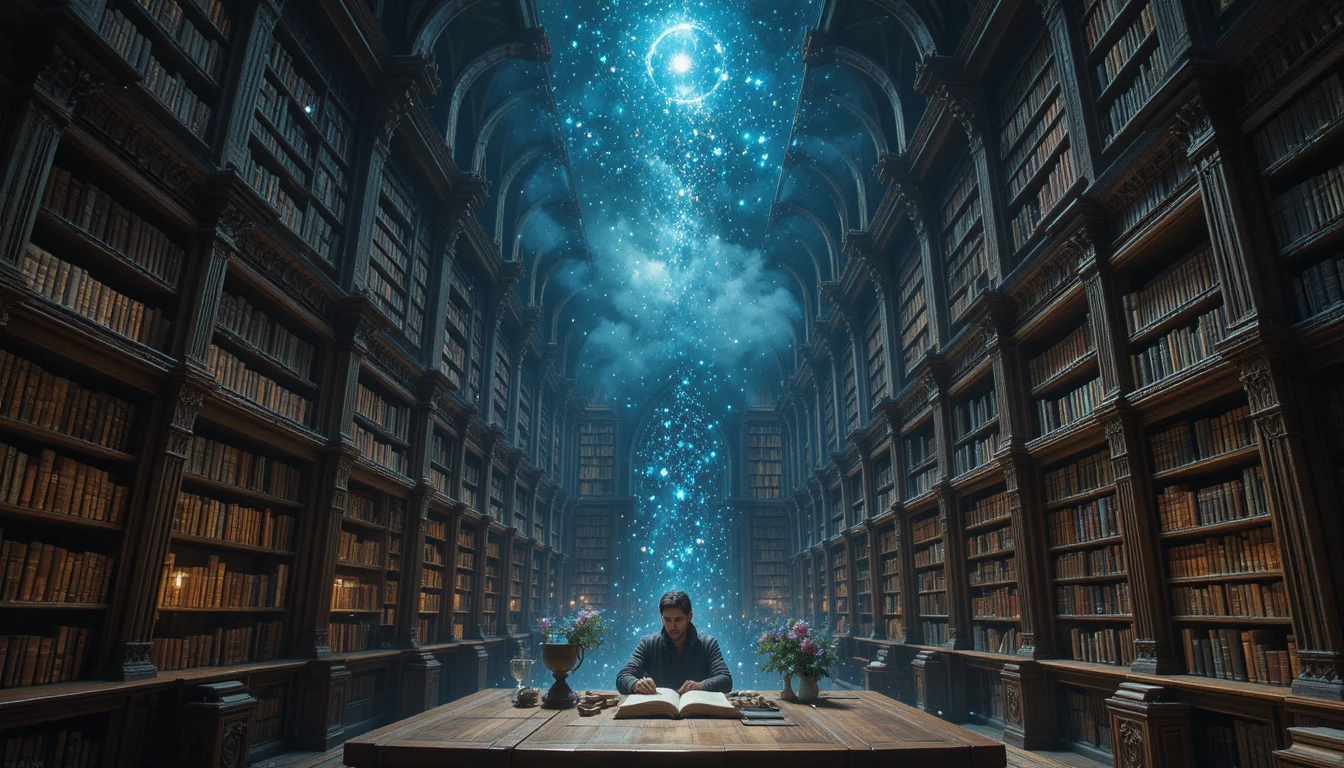Erudito en una antigua biblioteca bajo un cielo celestial de estanterías flotantes