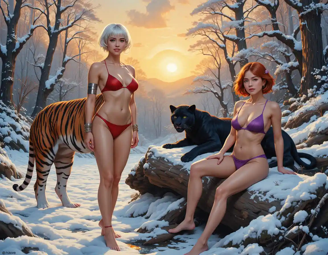 Guerreiras de fantasia com grandes felinos em floresta nevada