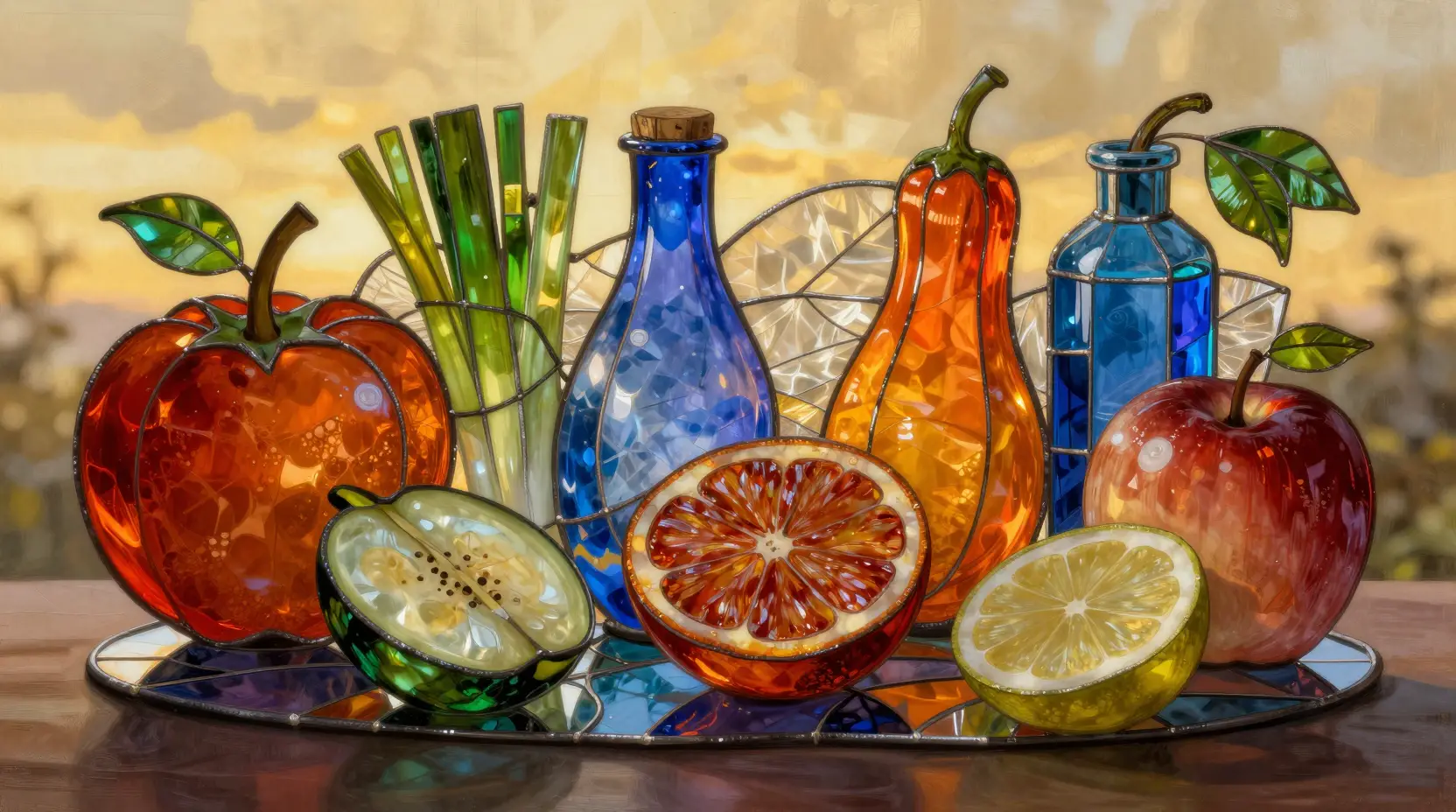Surreal stained glass food still life in golden light