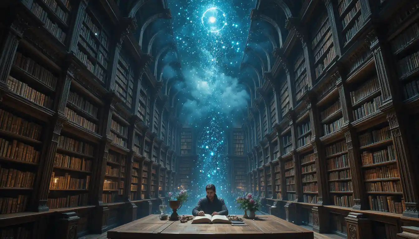 Erudito en una antigua biblioteca bajo un cielo celestial de estanterías flotantes