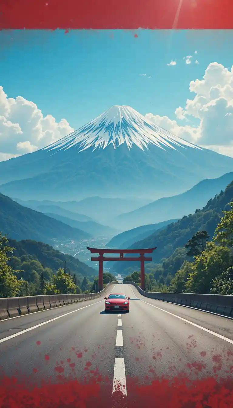 Sports car driving through breathtaking Japanese mountain landscapes