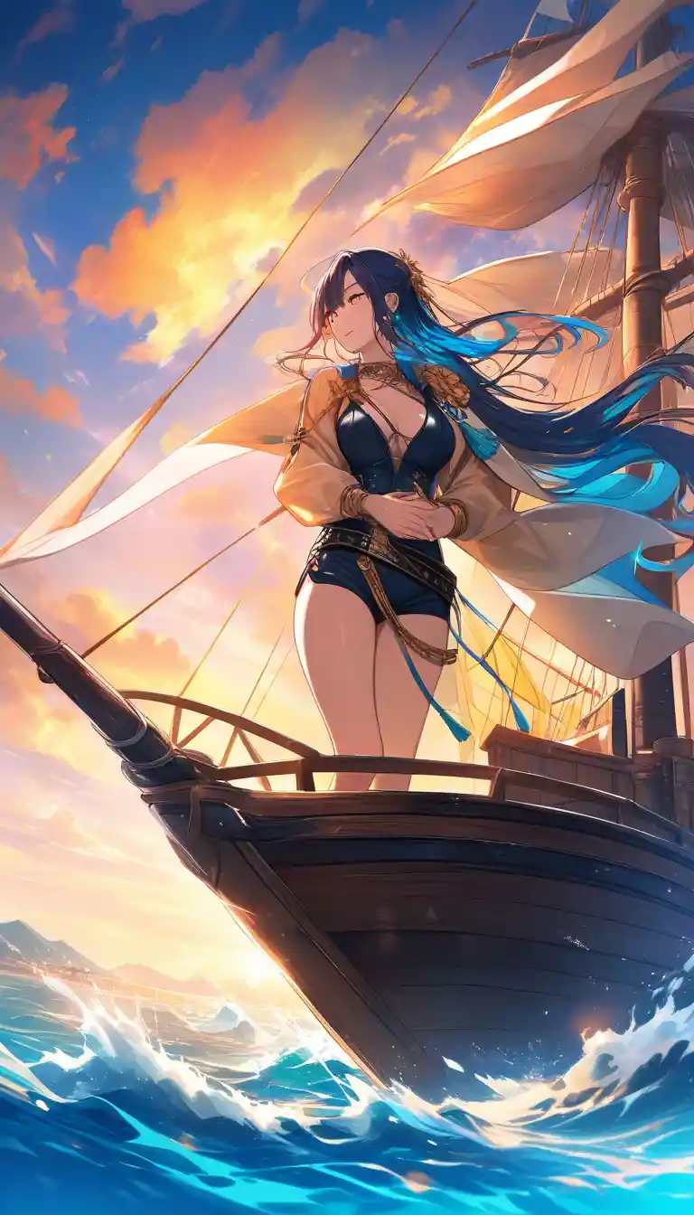 Anime pirate woman on ship bow with treasure map