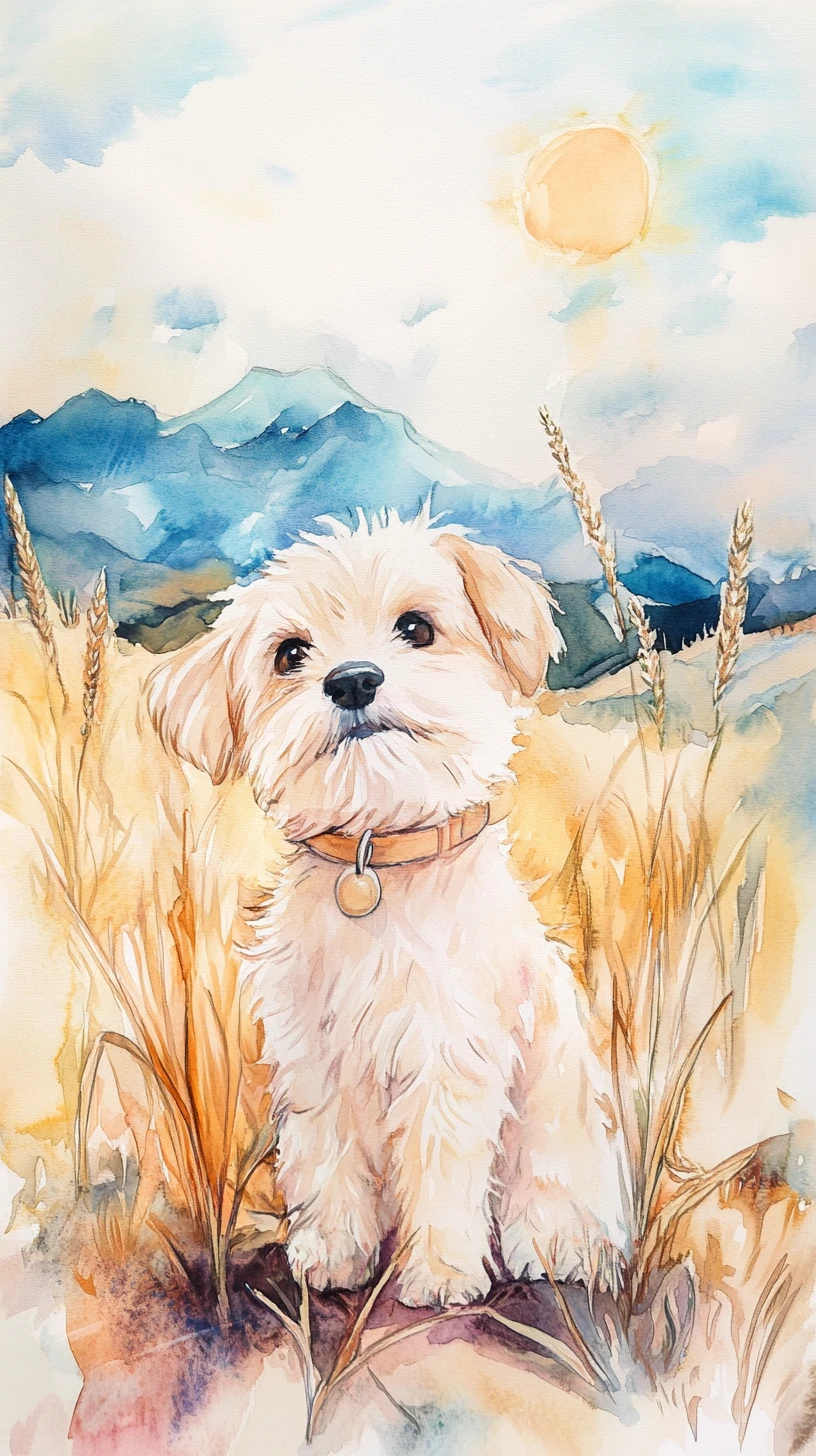 Flauschiger Welpe im sonnigen Maisfeld als Aquarellillustration