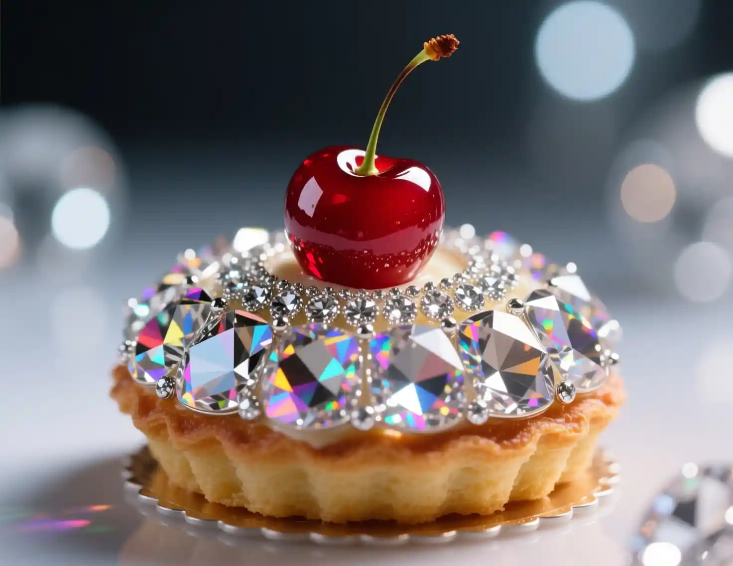 Luxurious pastry with diamond details and ruby red cherry