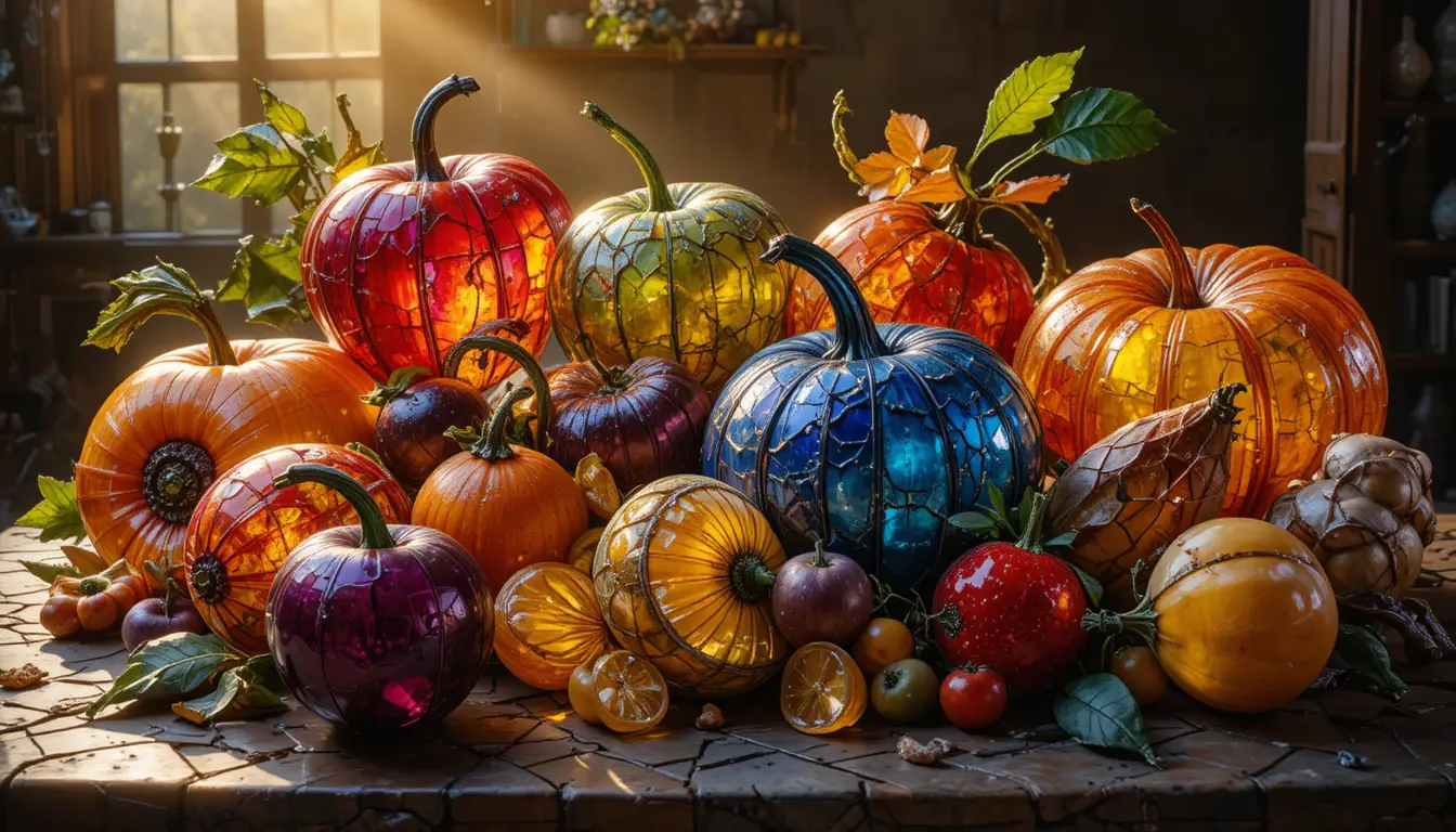 Surreal stained glass still life of luminous glass food
