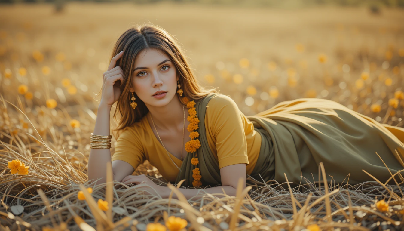 South Indian woman resting on dry grass at sunset