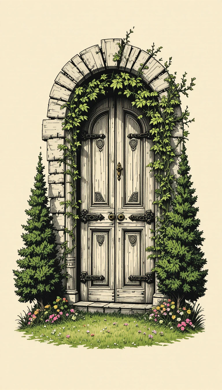 Woodcut door illustration framed by ivy and stone arch