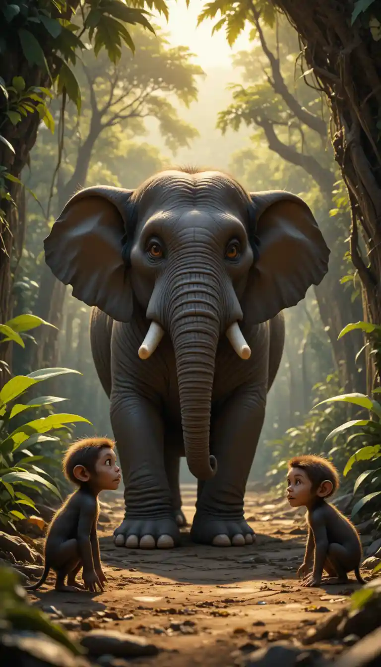 Wise elephant speaks to angry monkey in forest clearing