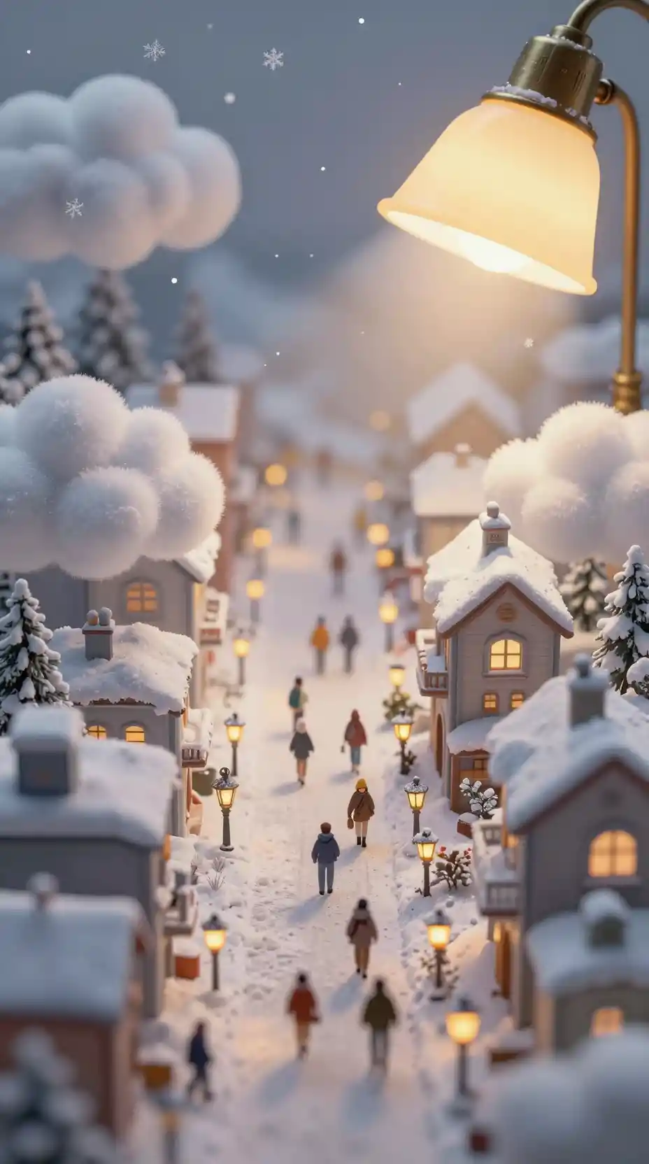 Miniature Winter City Under Soft Golden Desk Lamp Glow
