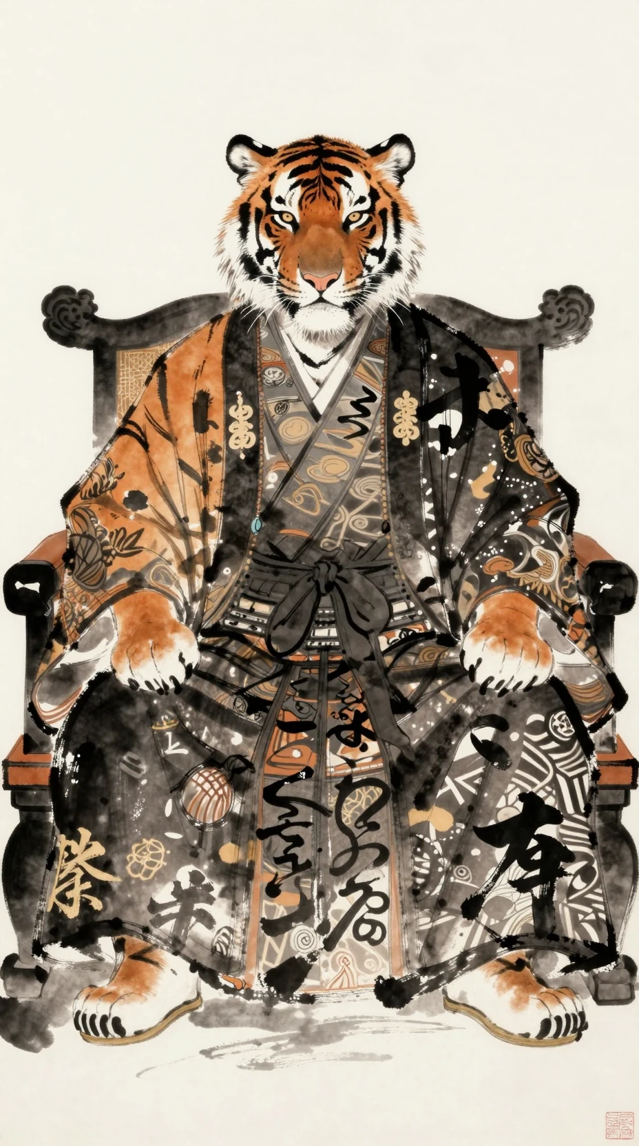 Shogun tigre regale seduto su un trono ornato