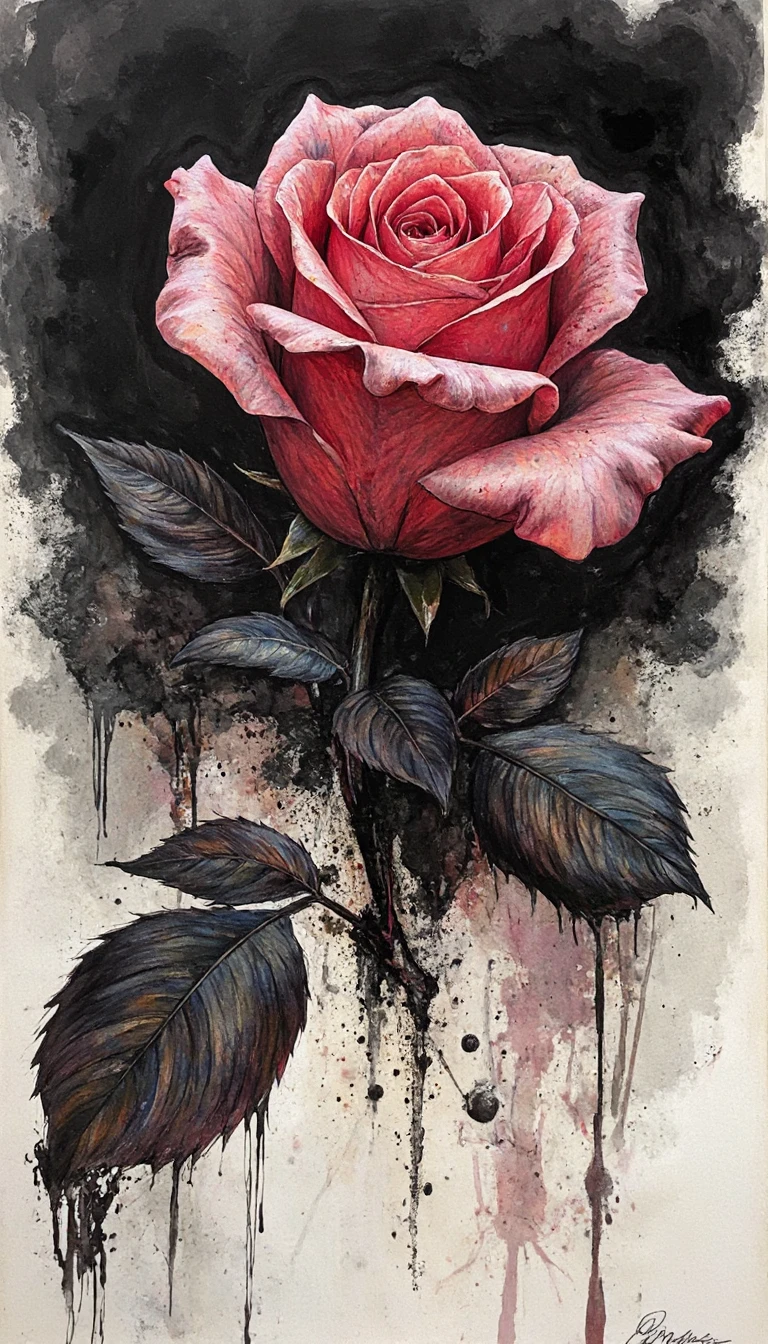 Rosa astratta in drammatica inchiostro nero e colore