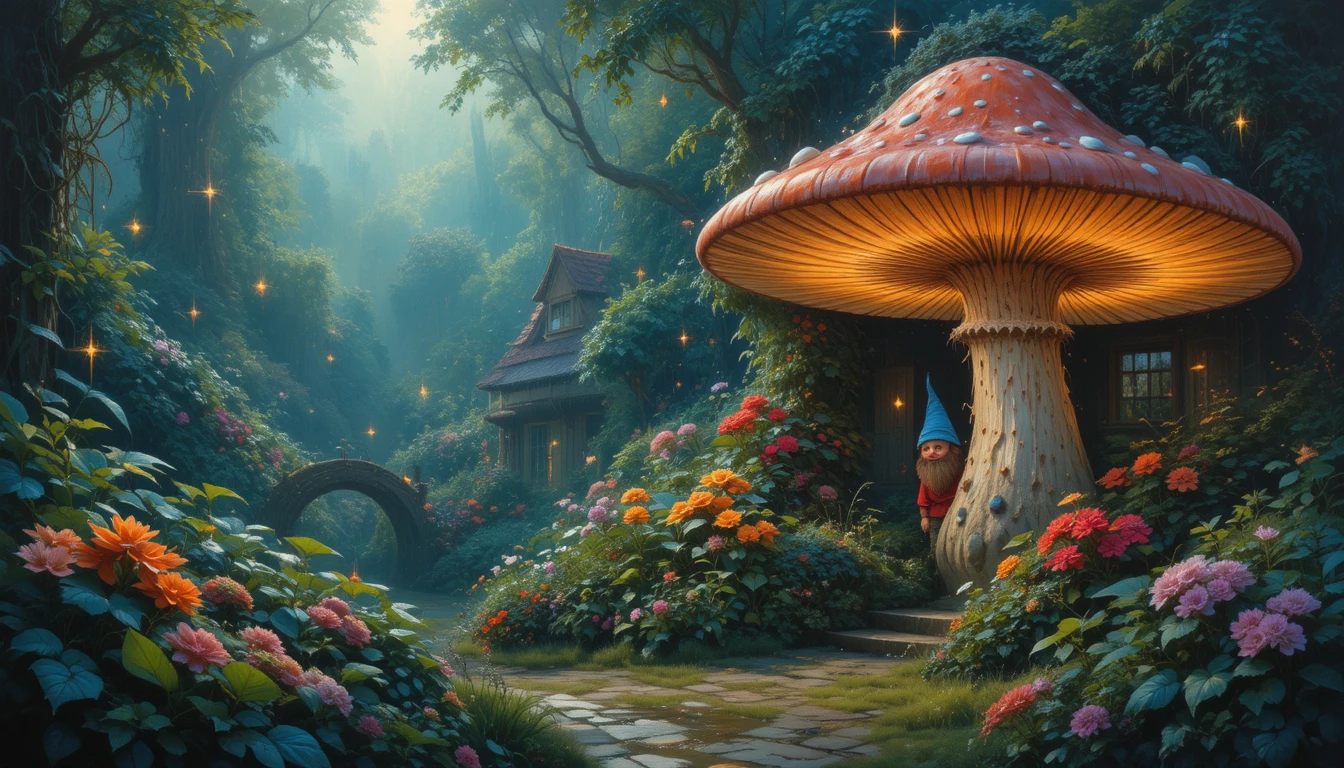 Impressionist garden gnome among glowing mushrooms and fireflies