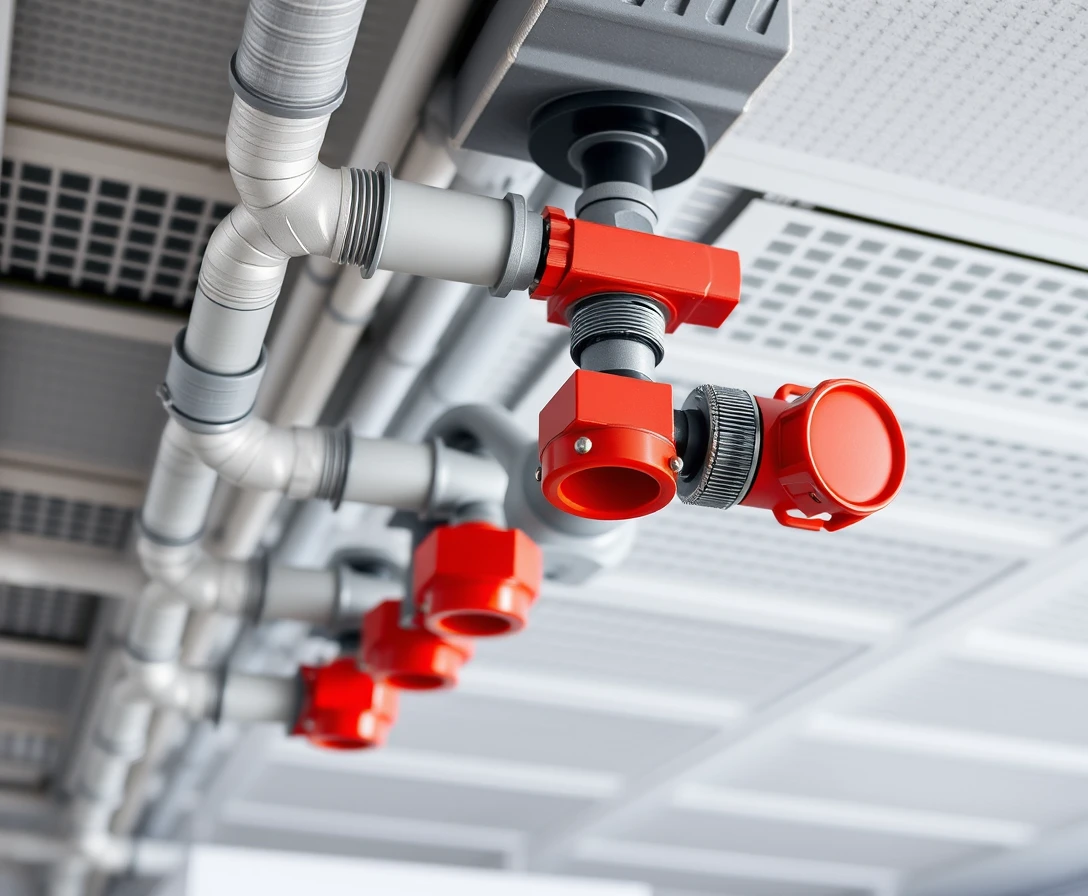 Office ceiling fire sprinkler pipes with red sprinkler heads
