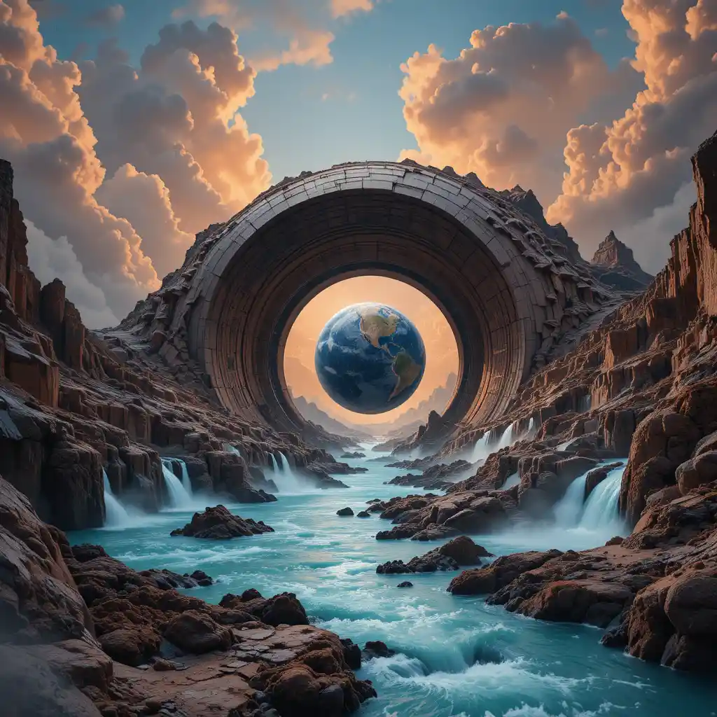Surreale kosmische Portal-Landschaft mit goldenem Schlüssel im Vordergrund