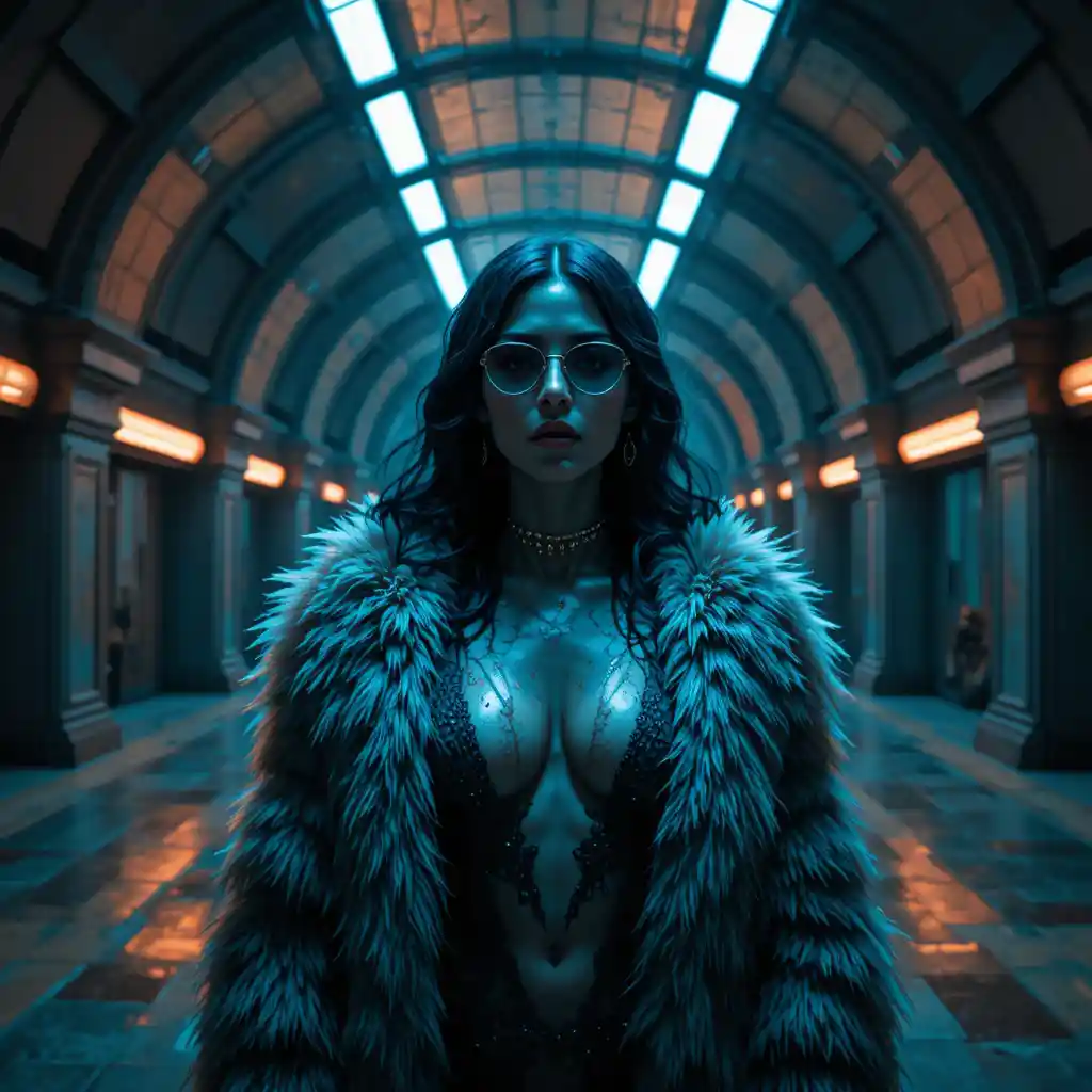 Femme fatale in an underwater noir ballroom scene