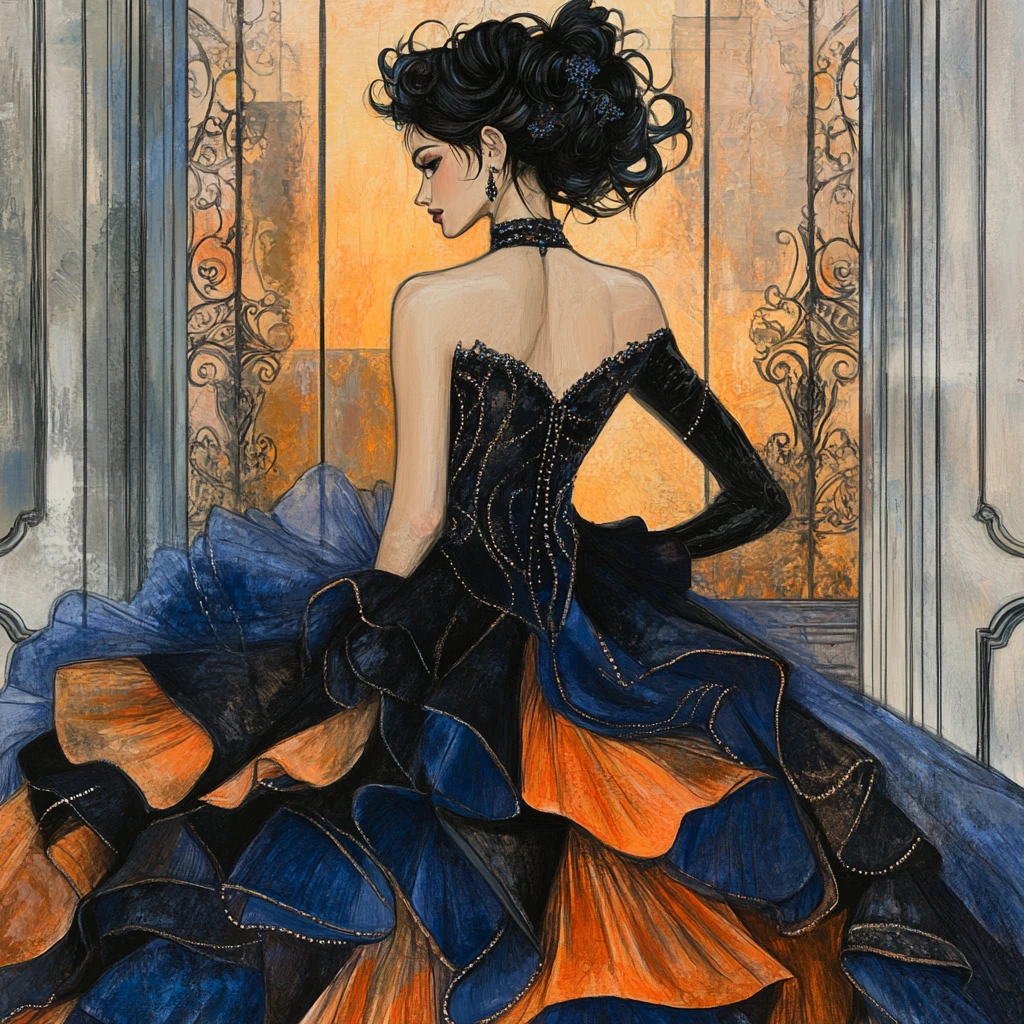 Elegant woman in layered evening gown entering gala salon