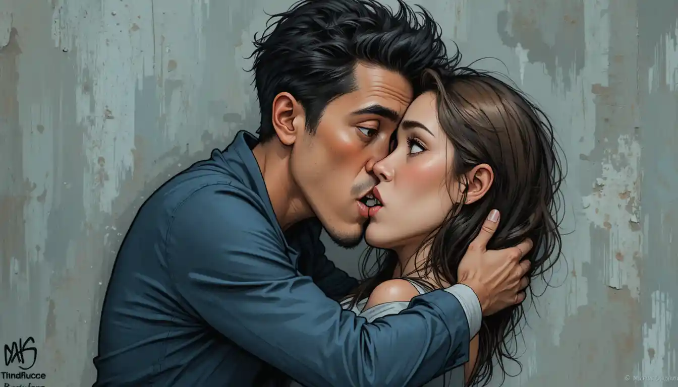 Casal apaixonado se beijando colado a uma parede fria