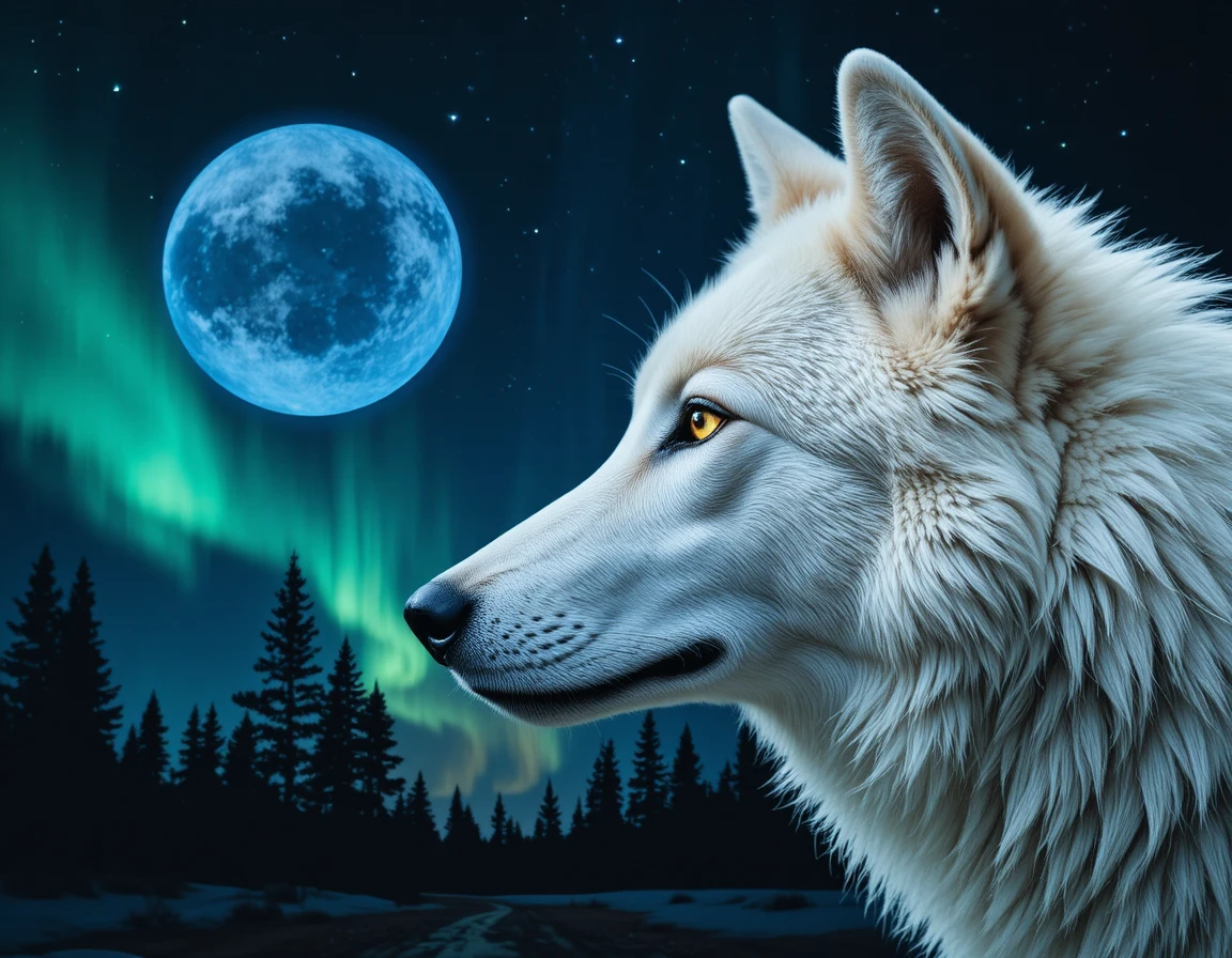 Lupo bianco in primo piano con cielo notturno blu di foresta illuminata dalla luna