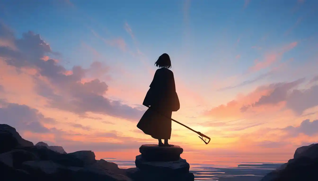 Young woman on rocky ledge at sunrise with wooden staff