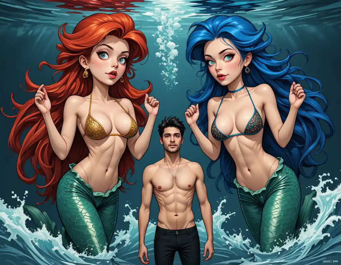 Two nude mermaids with colorful hair swimming underwater