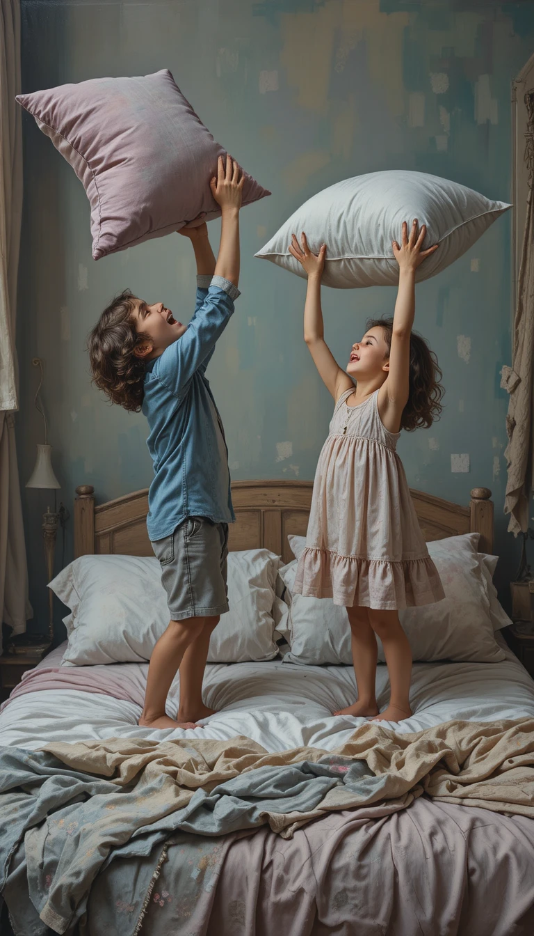 Joyful brother and sister pillow fight on a cozy bed