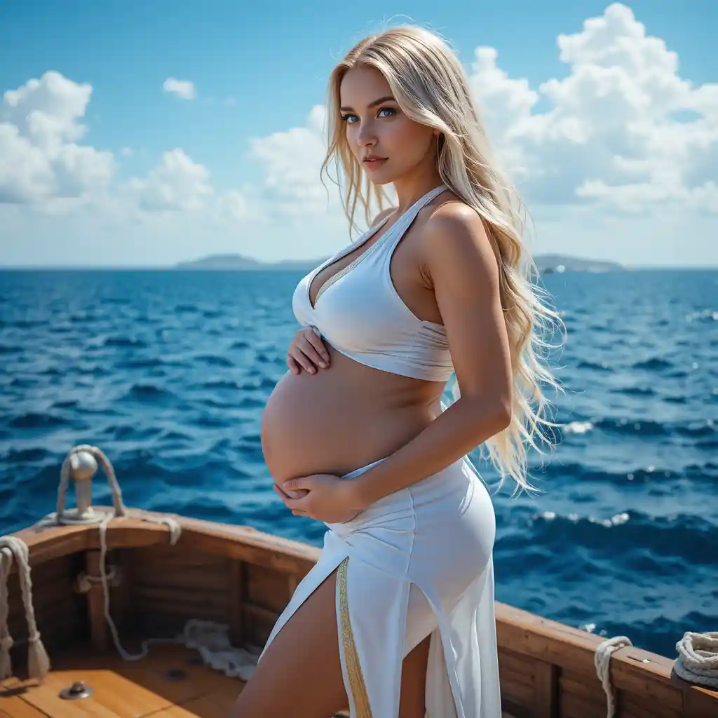 Pregnant woman on a raft over the calm open sea