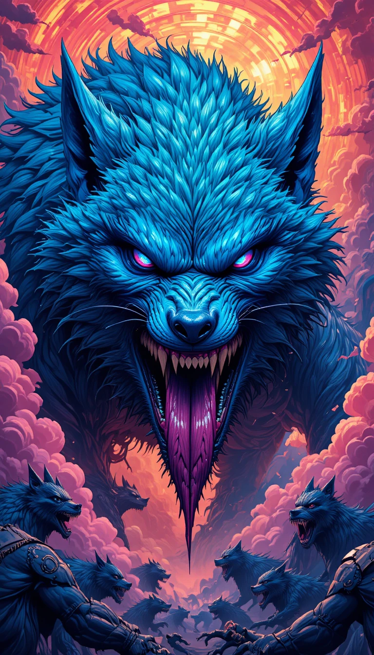 Snarling Blue Werewolf In Surreal Colorful Fantasy Clouds