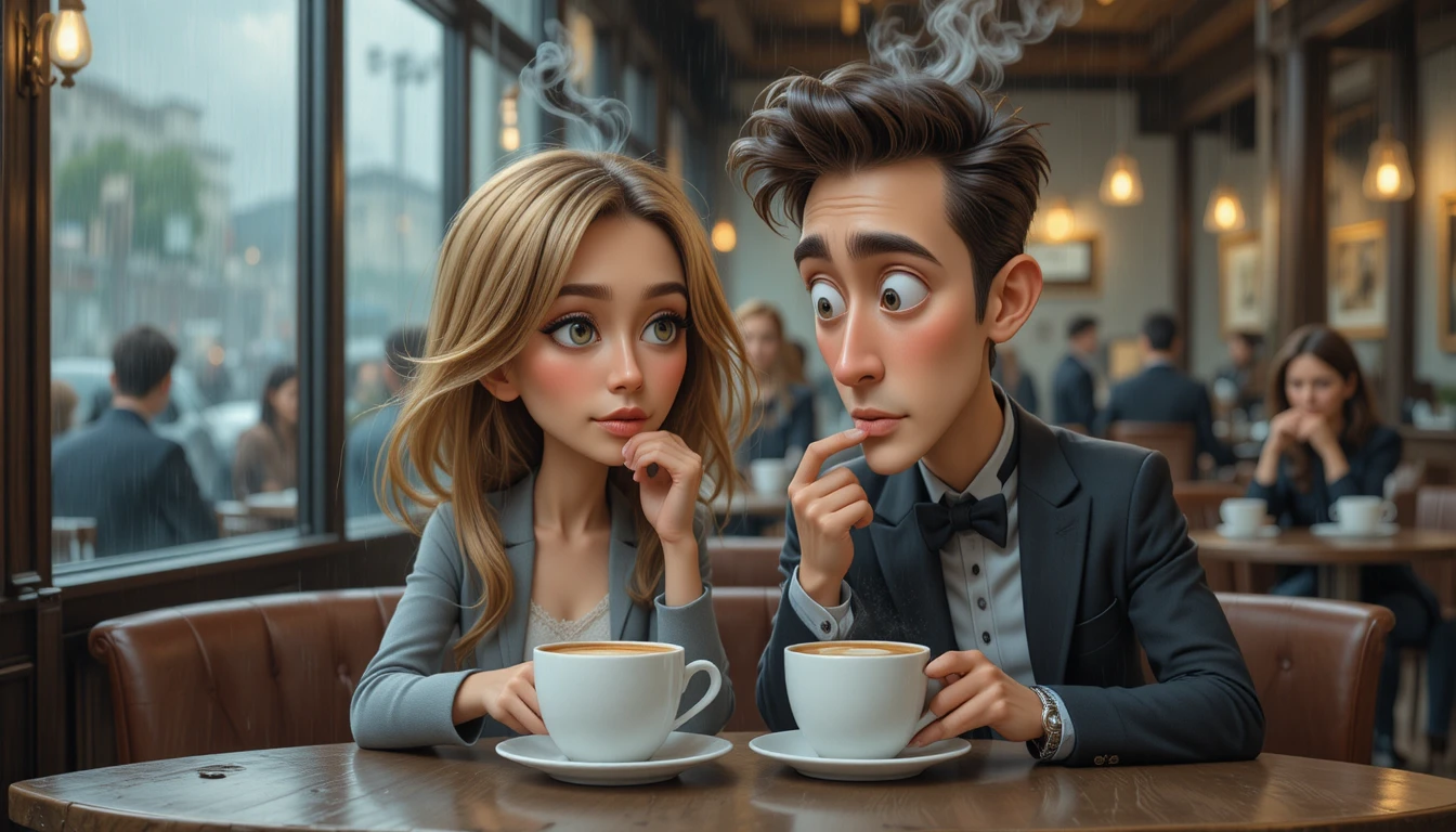 Dos tazas de café sobre una mesa de cafetería junto a una ventana lluviosa