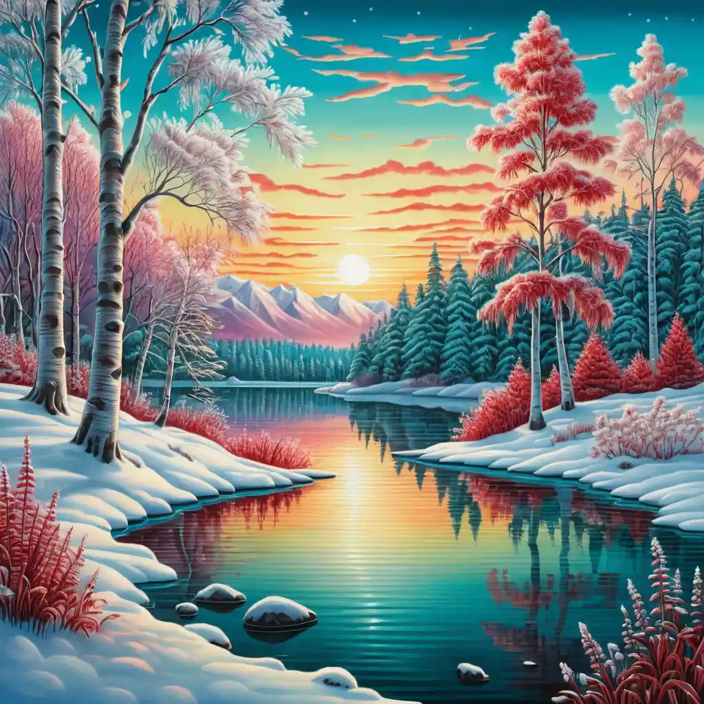 Winter birch meadow at sunrise with flowers and lake