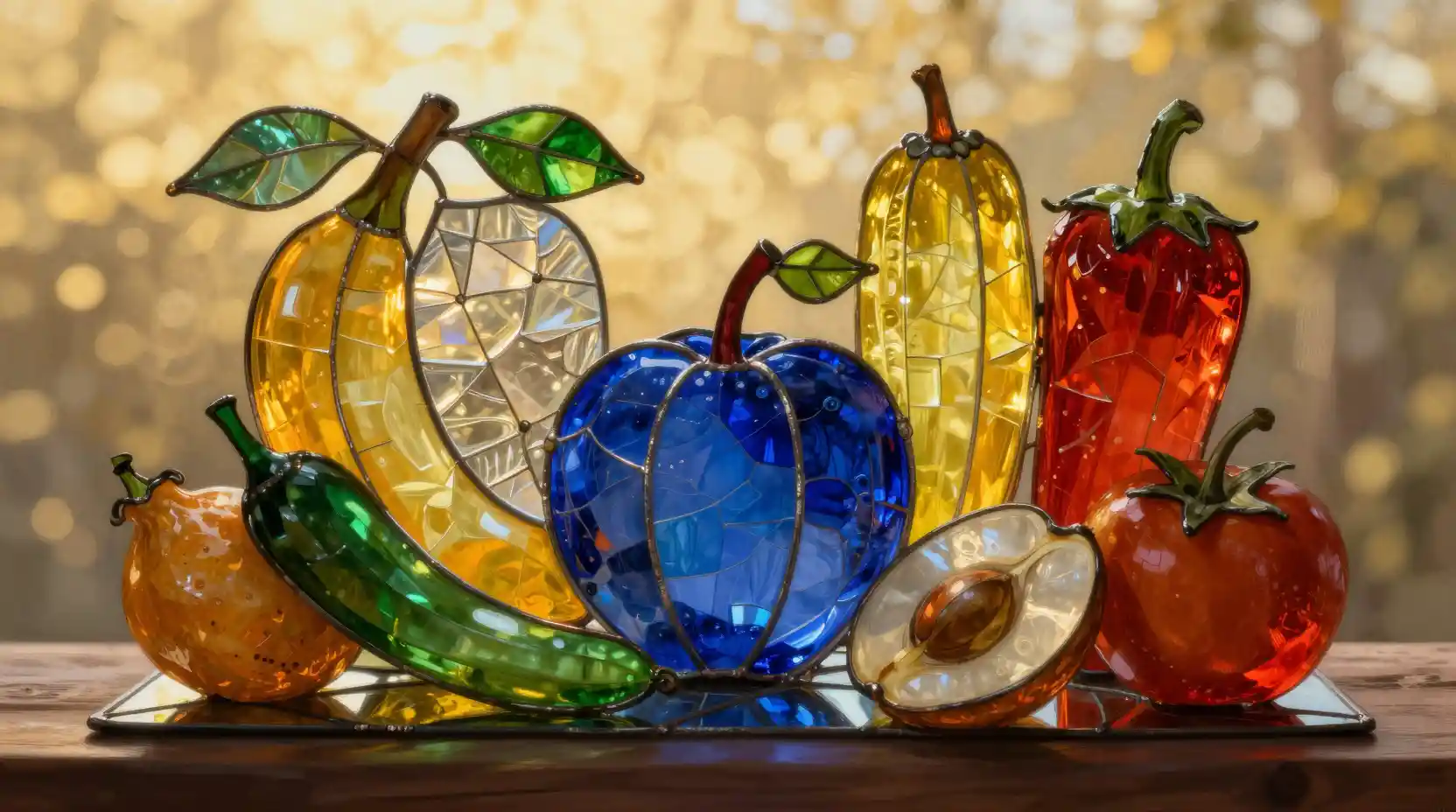Surreal stained glass food still life in golden hour light